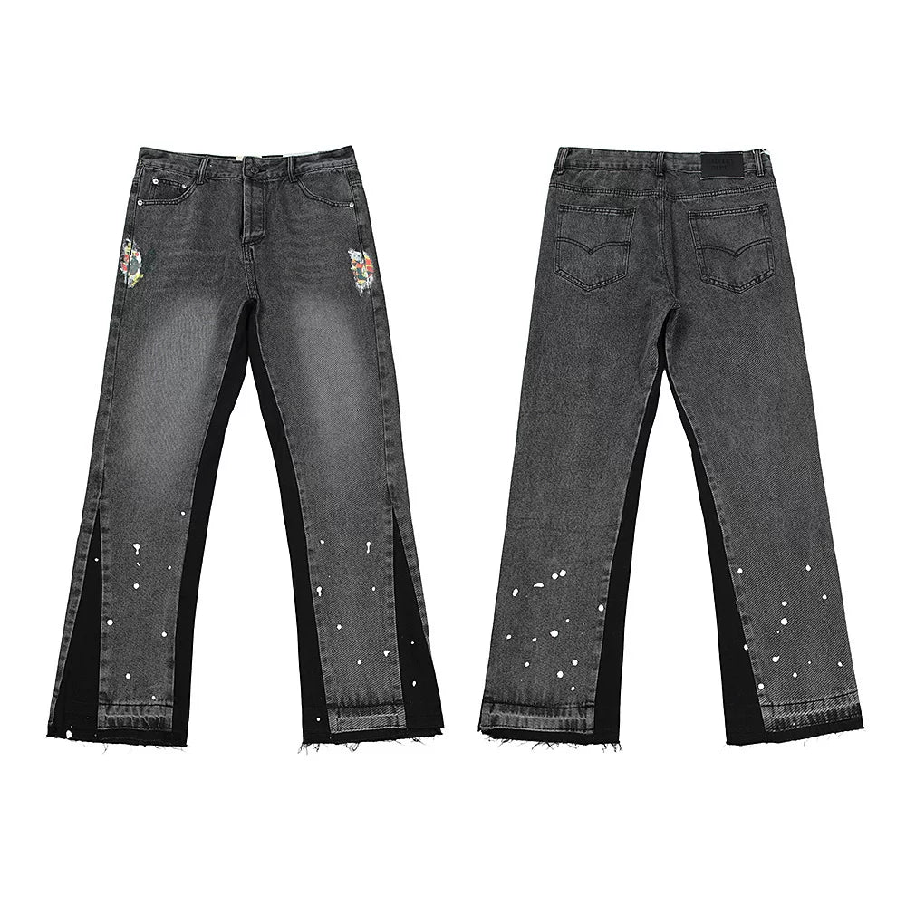 Gallery Dept Side‑Slit Color‑Block Paint‑Splatter Black‑Wash Flare Denim Jeans