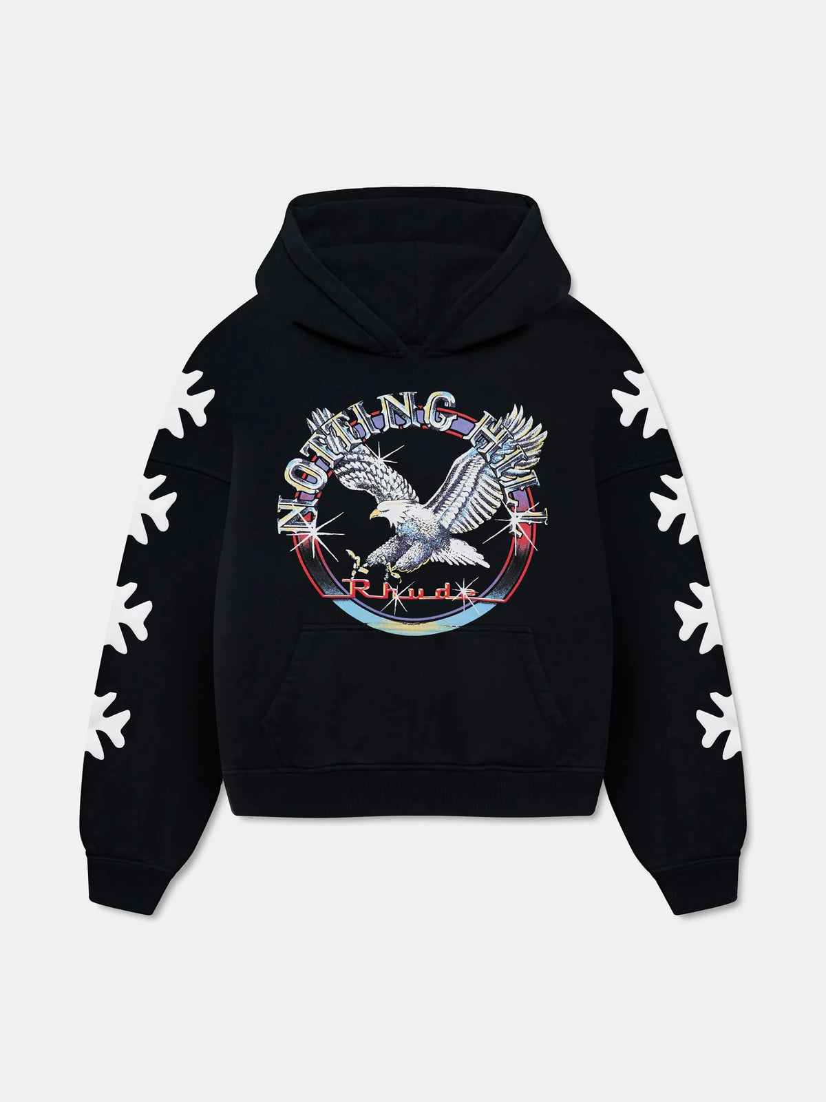 Rhude Nothing But Eagle Graphic Cross‑Sleeve Cropped Hoodie Black