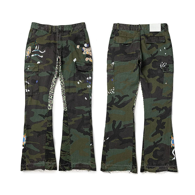 Gallery Dept Camo Leopard‑Patch Paint‑Art Flare Cargo Pants