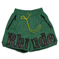 Rhude Big Leather Patch Logo Mesh Basketball Shorts Dark Green