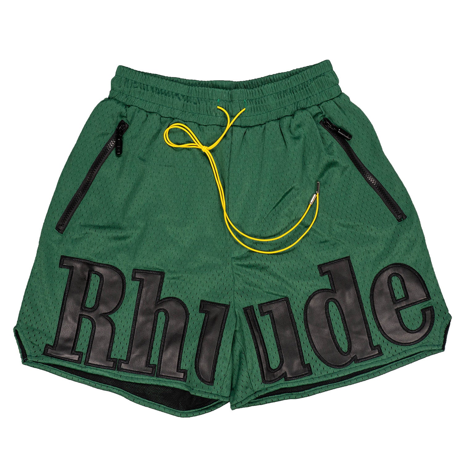 Rhude Big Leather Patch Logo Mesh Basketball Shorts Dark Green