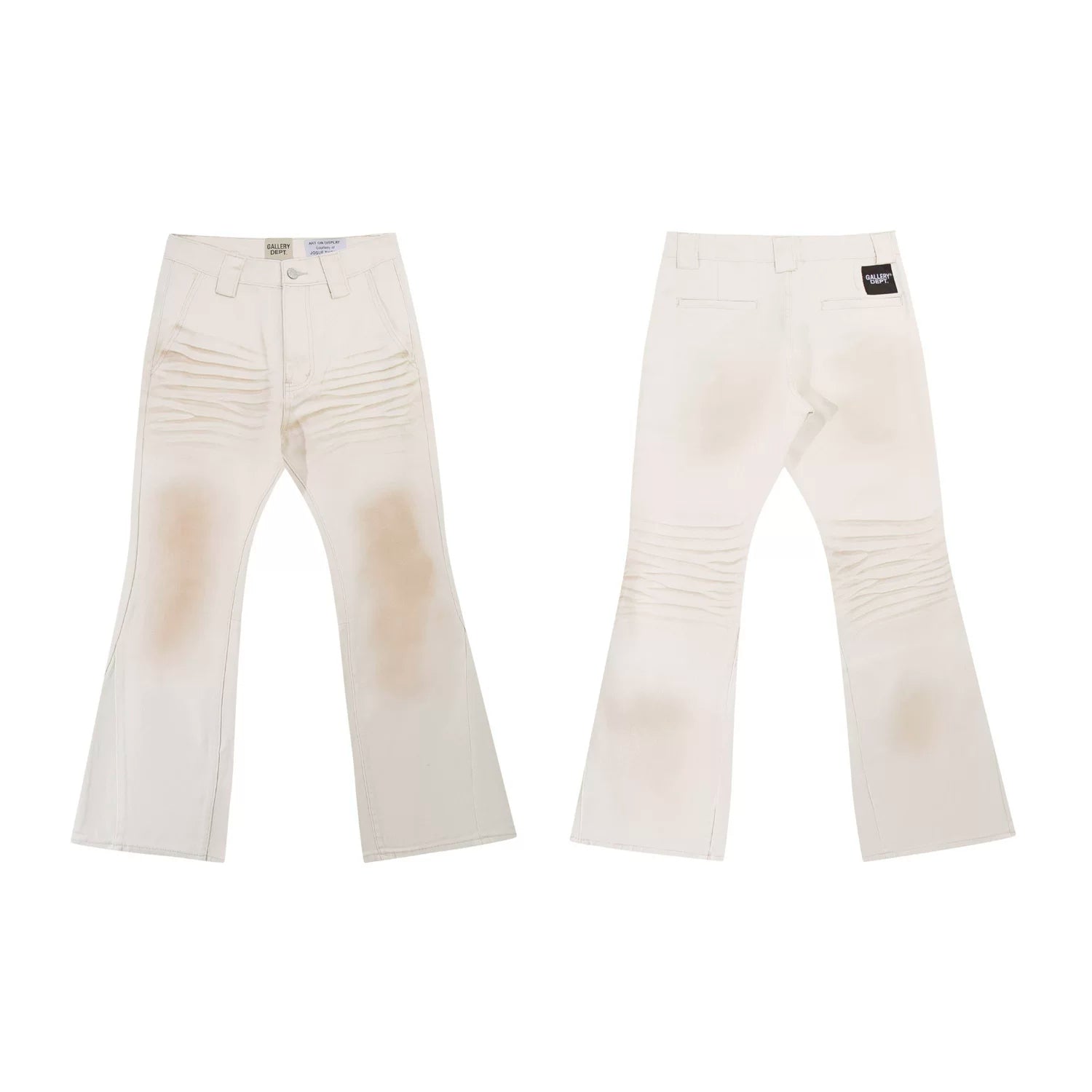 Gallery Dept Cream Biker Stitched Flare Denim Jeans Vintage Stain Wash