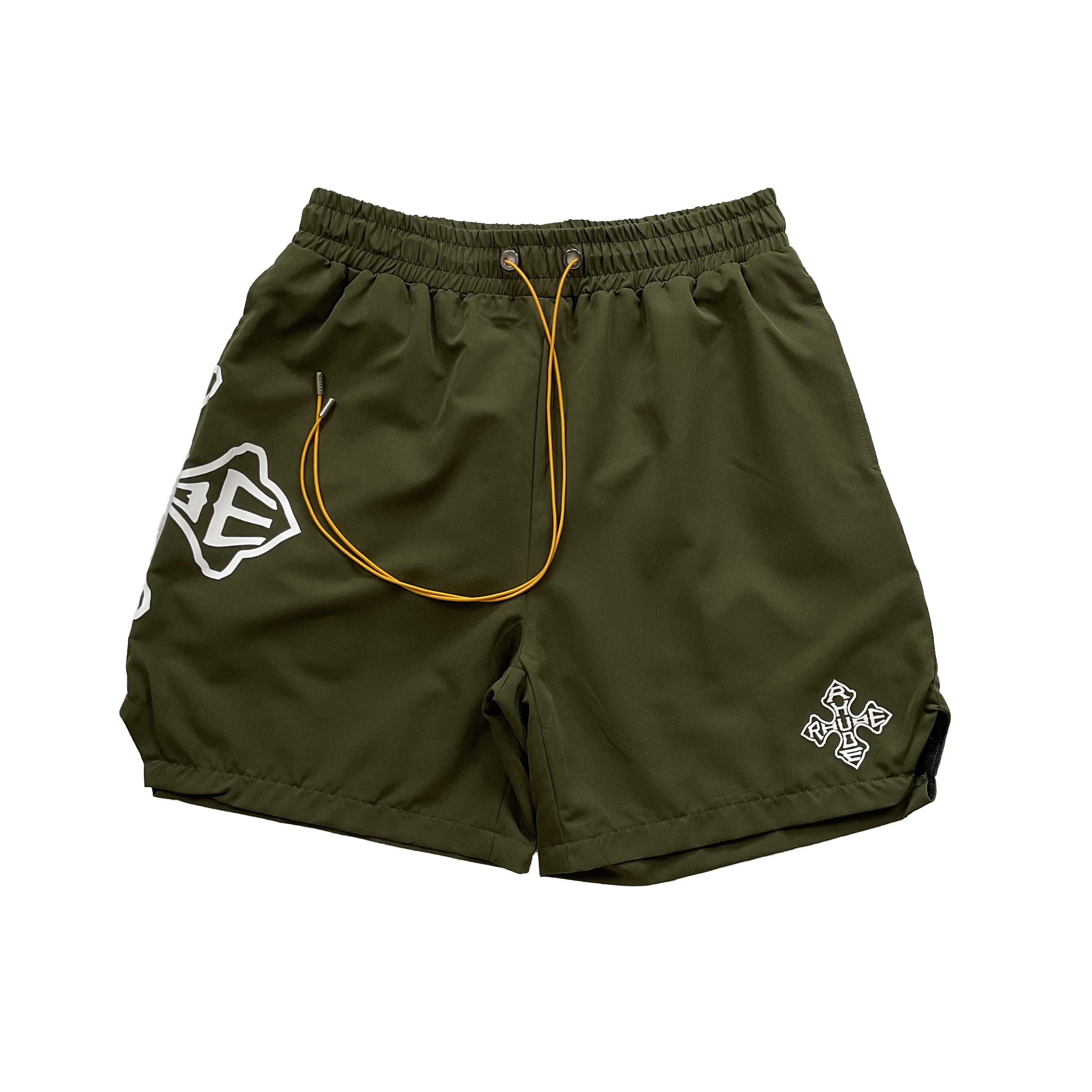 Rhude Cross Logo Graphic Nylon Casual Shorts Olive Green