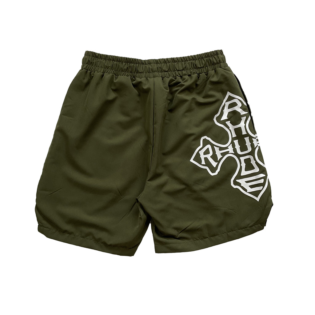 Rhude Cross Logo Graphic Nylon Casual Shorts Olive Green