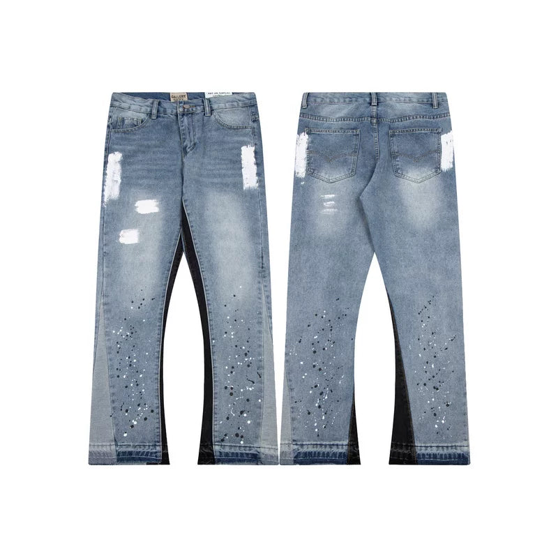 Gallery Dept Paint‑Splatter Distressed Flare Denim Jeans Light Wash Blue