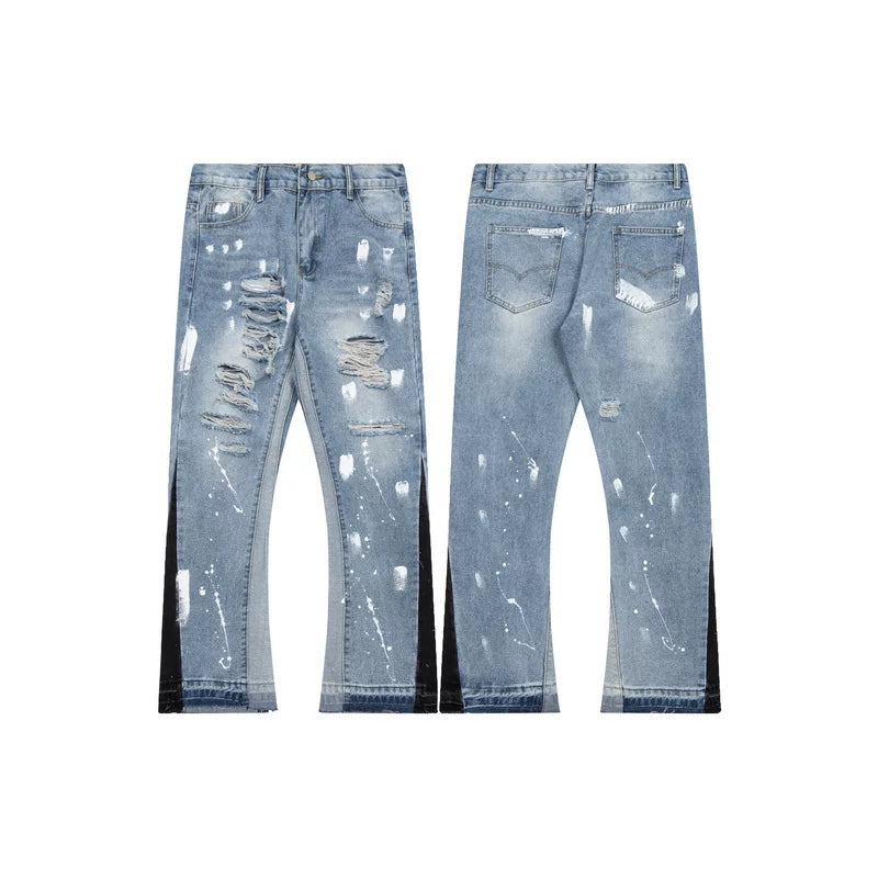 Gallery Dept Ripped Distressed Paint‑Splatter Flare Denim Jeans Light Wash Blue