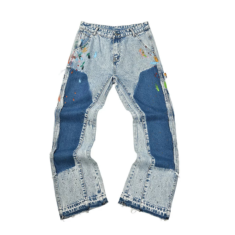 Gallery Dept Two‑Tone Patchwork Multi‑Color Paint‑Splatter Flare Denim Jeans