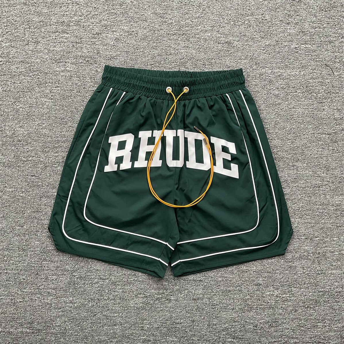 Rhude Varsity Letter Logo Double Piping Nylon Casual Shorts Dark Green