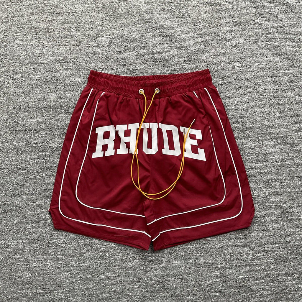Rhude Varsity Letter Logo Double Piping Nylon Casual Shorts Burgundy