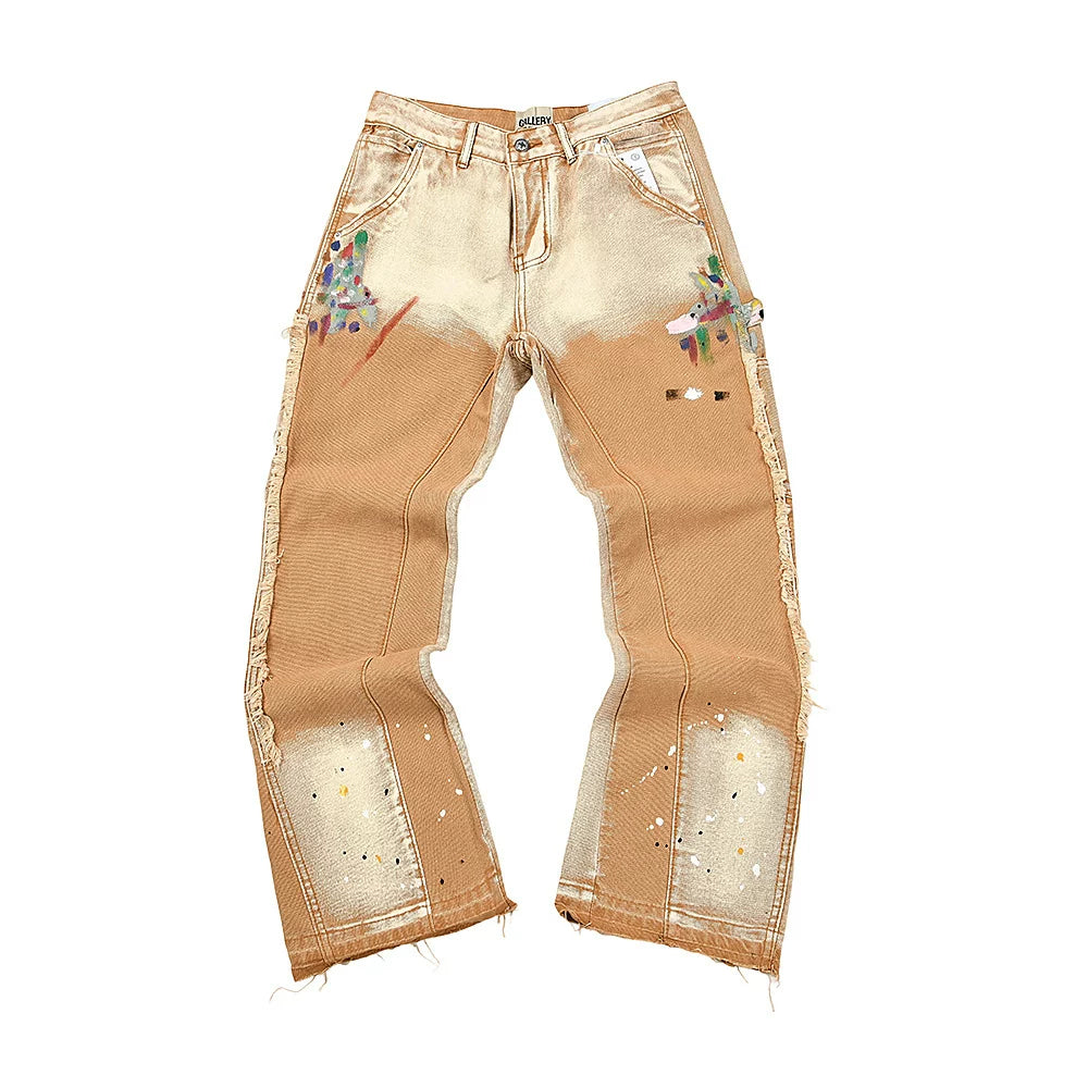 Gallery Dept Hand‑Painted Two‑Tone Khaki Paint‑Splatter Flare Denim Jeans