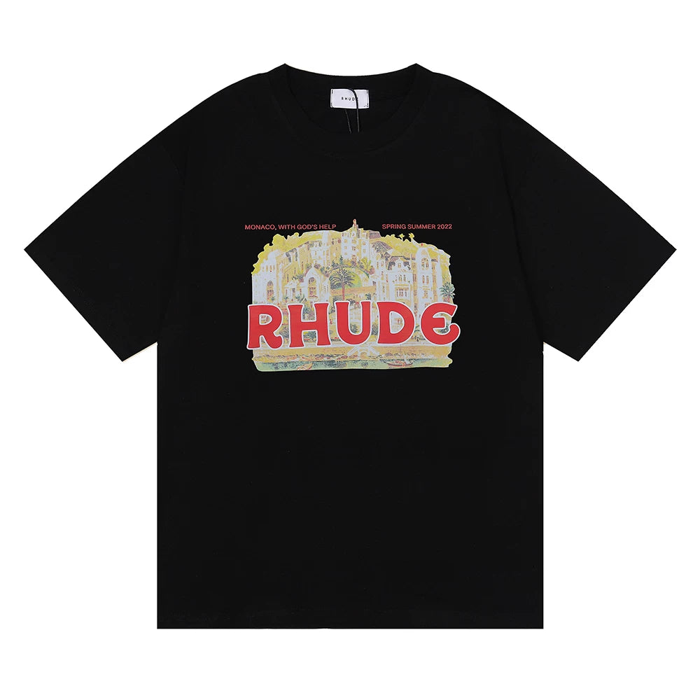 Rhude Monaco City Landscape Vintage Postcard Graphic Tee Black