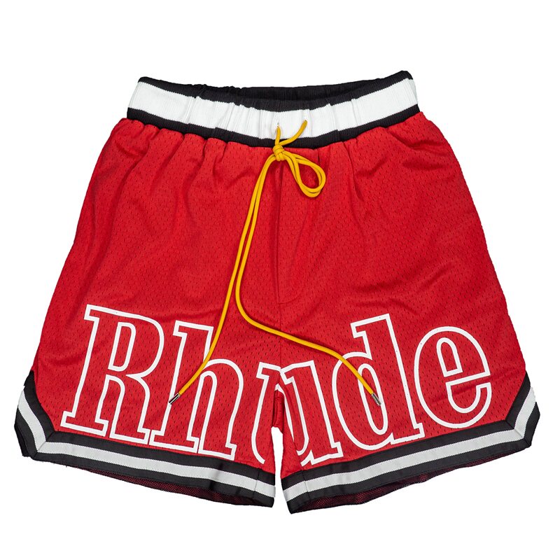 Rhude Big Outline Logo Striped Trim Mesh Basketball Shorts Red