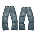 Gallery Dept Heavy Distressed Ripped Repair‑Stitch Flare Denim Jeans Light Wash