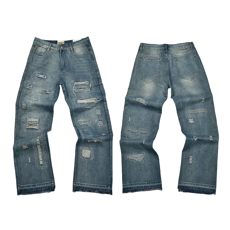 Gallery Dept Heavy Distressed Ripped Repair‑Stitch Flare Denim Jeans Light Wash