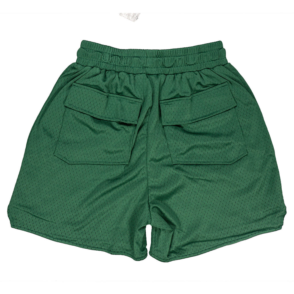 Rhude Big Leather Patch Logo Mesh Basketball Shorts Dark Green