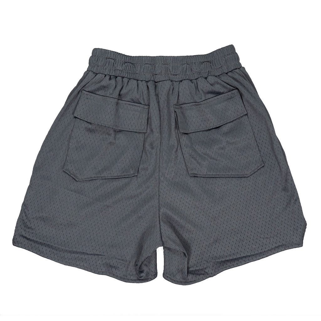 Rhude Big Leather Patch Logo Mesh Basketball Shorts Dark Grey
