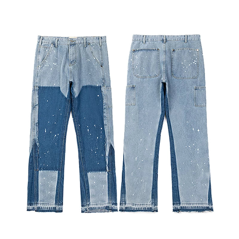 Gallery Dept Multi‑Tone Patchwork Paint‑Splatter Carpenter Flare Denim Jeans Light Wash