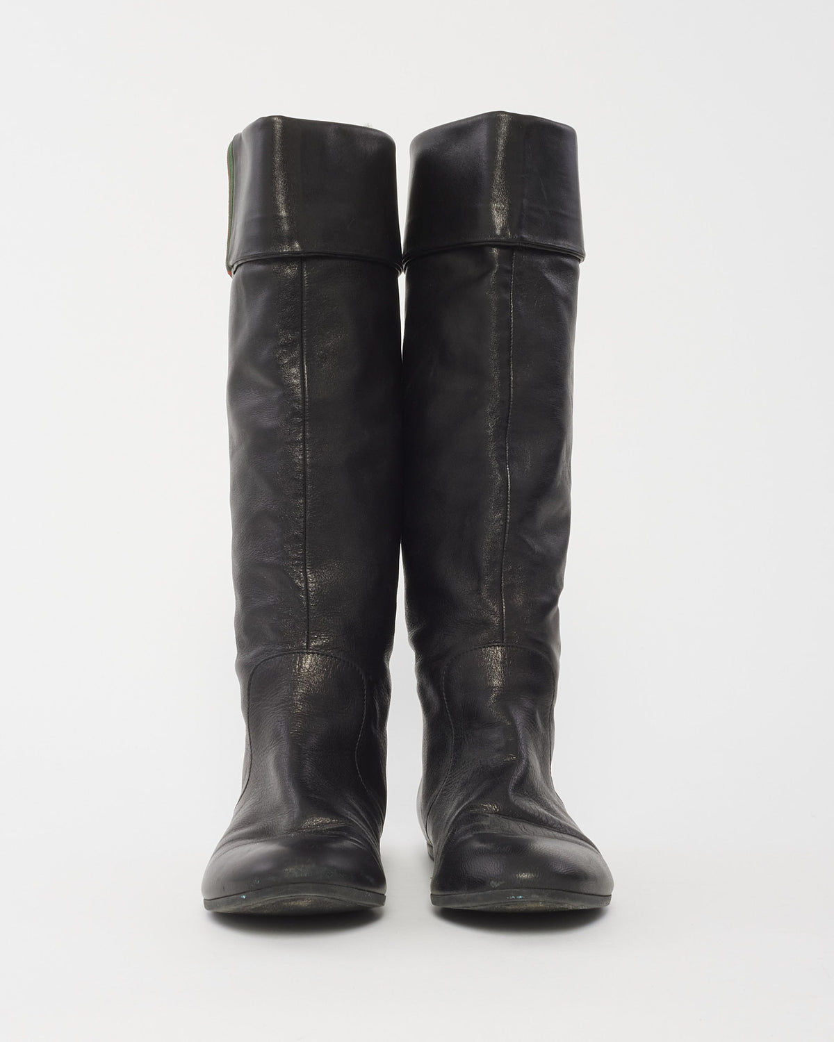 Gucci Black Leather Foldover Web Knee-High Boots -37