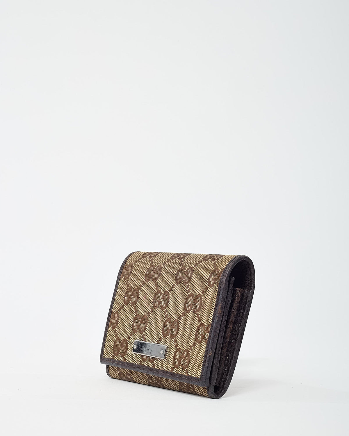 Gucci Dark Brown Leather and Beige and Brown GG Monogram Canvas Card Case Wallet