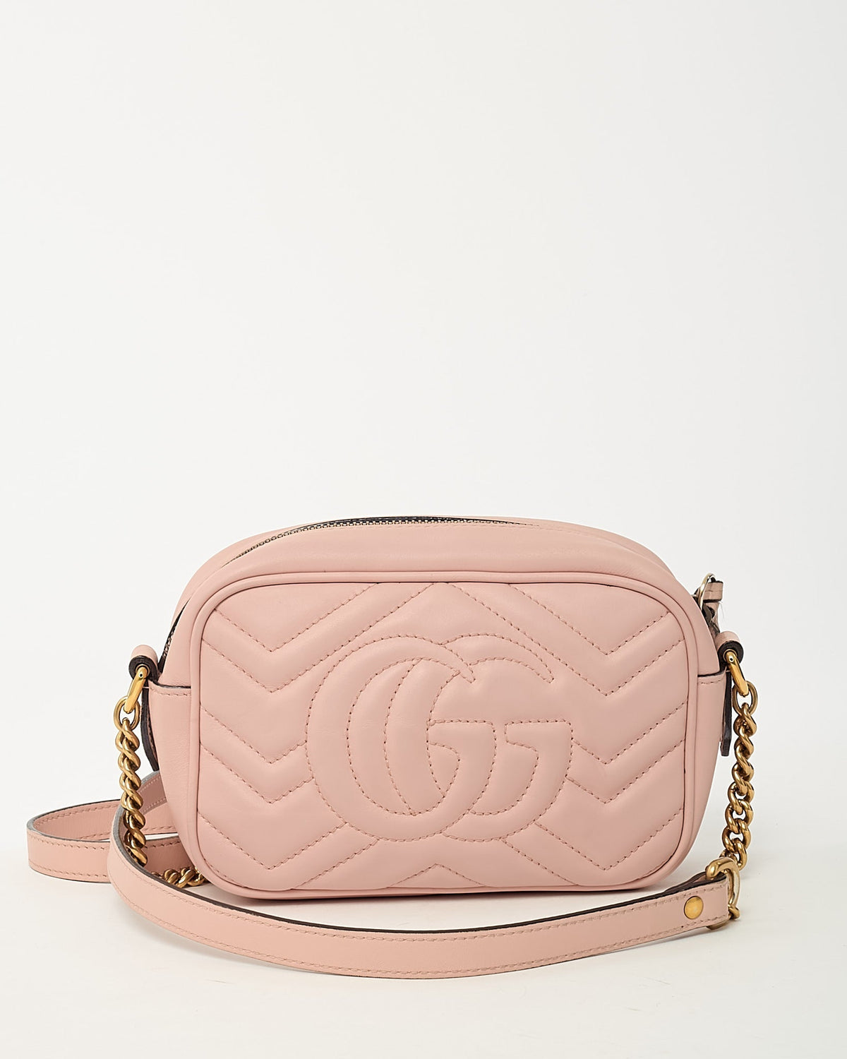 Gucci Pink Chevron Leather Mini Marmont Camera Bag GHW