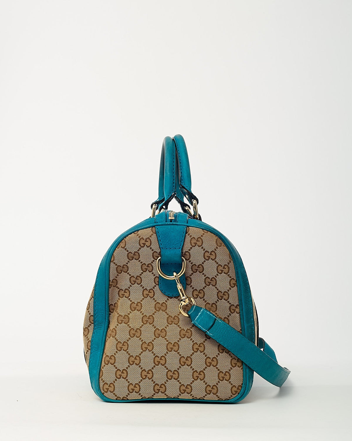 Gucci Blue Leather and Beige GG Monogram Canvas Blue Web Joy Boston Bag with Strap