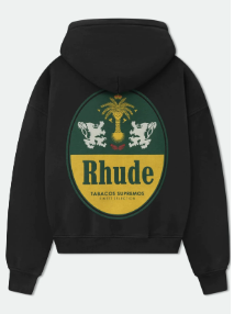 Rhude Tabacos Supremos Cigar Crest Front‑Back Graphic Cropped Hoodie Black