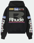 Rhude Big R Motor Racing Patch Graphic Cropped Hoodie Black